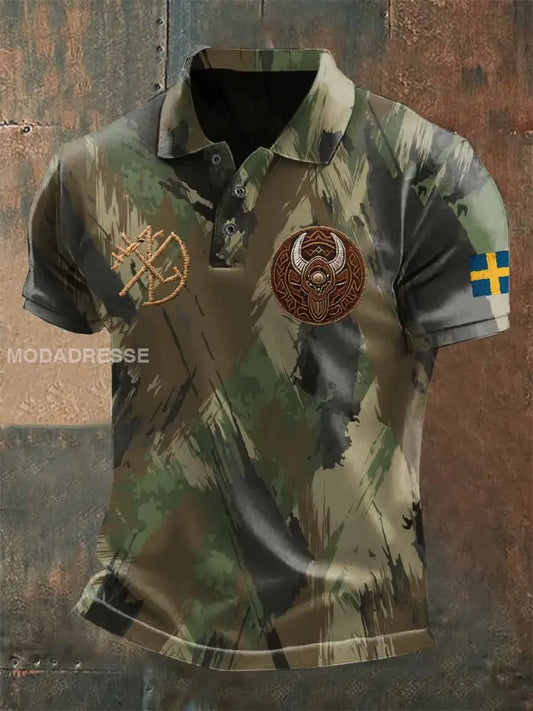 Mäns Vintage Svensk Militar Tryck Casual Pikétröja som bild / S