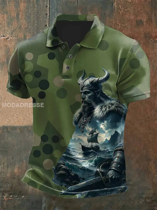 Mäns Vintage Svensk Militar Tryck Casual Pikétröja som bild / S