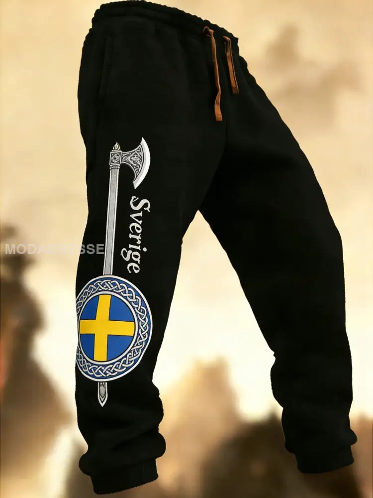 Mäns Vintage Svenska Badge Konst tryckta byxor svart / S
