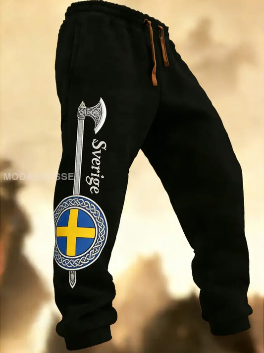 Mäns Vintage Svenska Badge Konst tryckta byxor svart / S