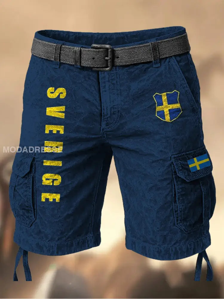 Mäns Vintage Svenska Flag Grafiskt tryckt textur Casual Cargo Shorts A / M