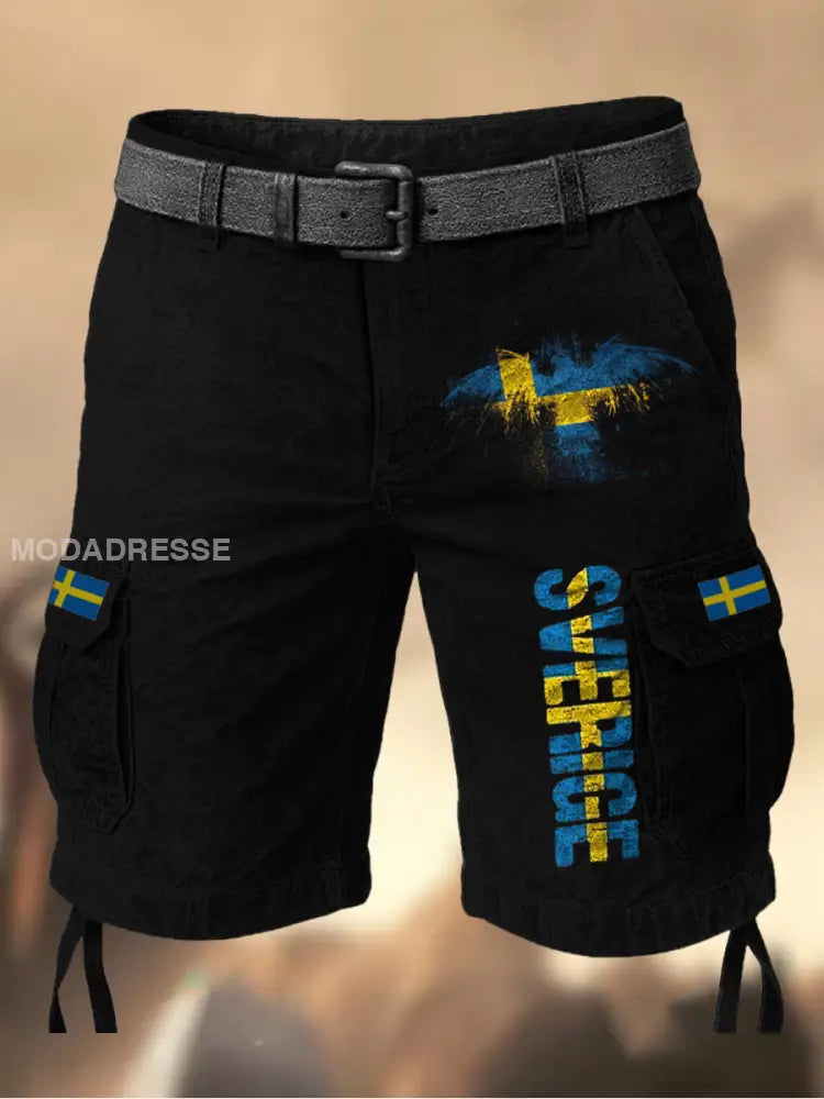 Mäns Vintage Svenska Flag Grafiskt tryckt textur Casual Cargo Shorts A / M