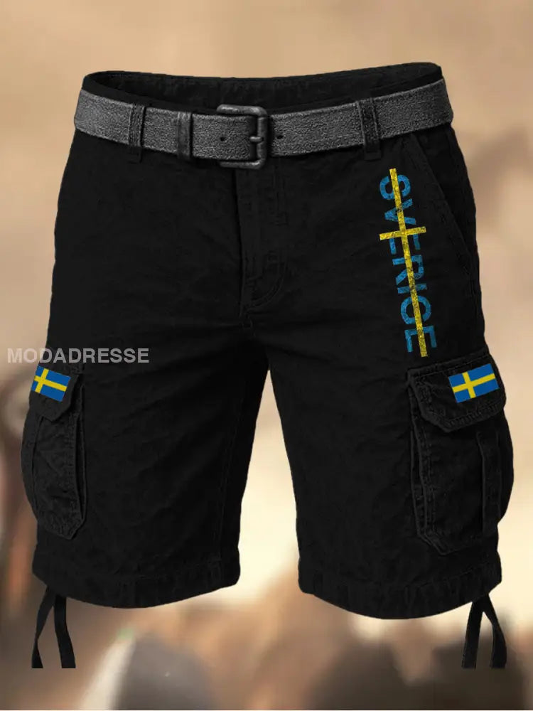 Mäns Vintage Svenska Flag Grafiskt tryckt textur Casual Cargo Shorts A / M