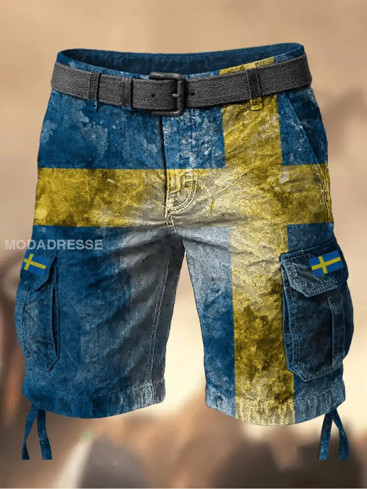 Mäns Vintage Svenska Flag Grafiskt tryckt textur Casual Cargo Shorts A / M