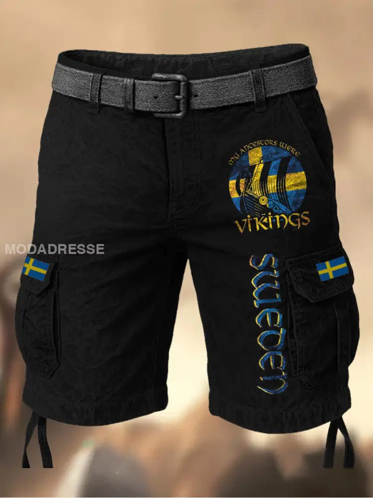 Mäns Vintage Svenska Flag Grafiskt tryckt textur Casual Cargo Shorts A / M