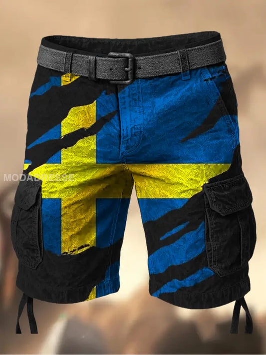 Mäns Vintage Svenska Flag Grafiskt tryckt textur Casual Cargo Shorts A / M