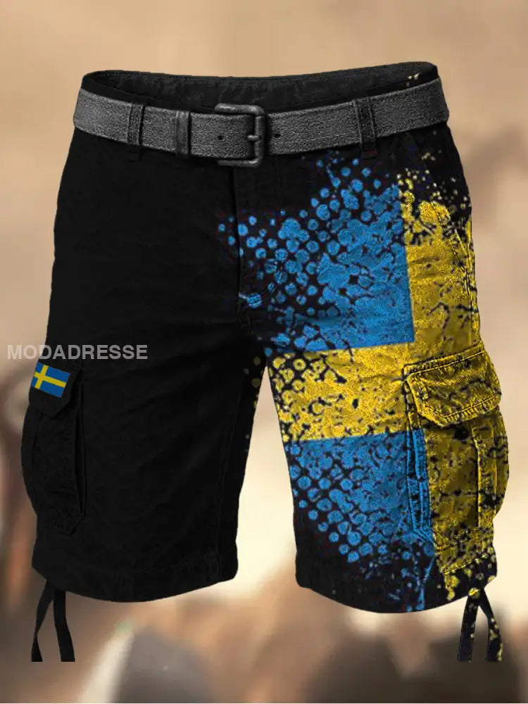 Mäns Vintage Svenska Flag Grafiskt tryckt textur Casual Cargo Shorts A / M