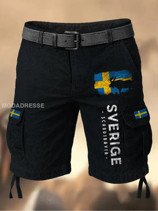 Mäns Vintage Svenska Flag Grafiskt tryckt textur Casual Cargo Shorts A / M