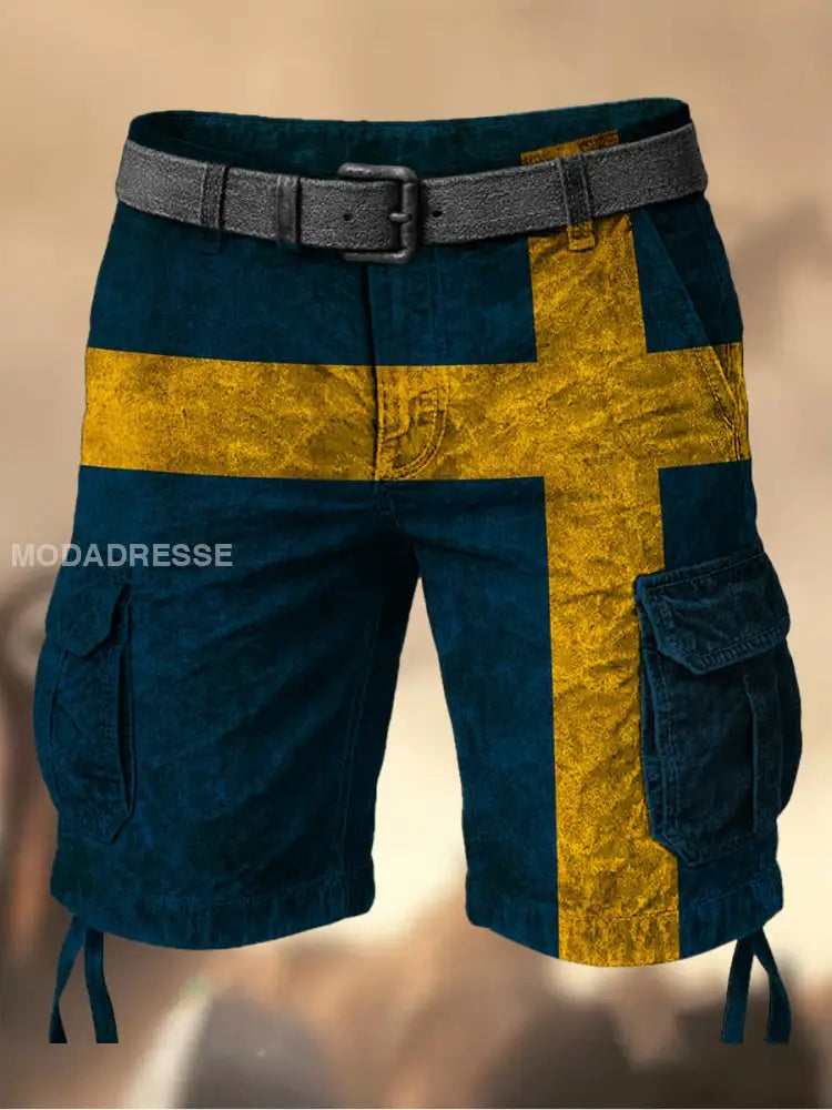 Mäns Vintage Svenska Flag Grafiskt tryckt textur Casual Cargo Shorts A / M