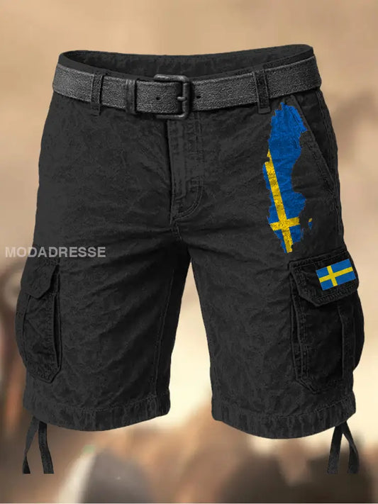 Mäns Vintage Svenska Flag Grafiskt tryckt textur Casual Cargo Shorts A / M