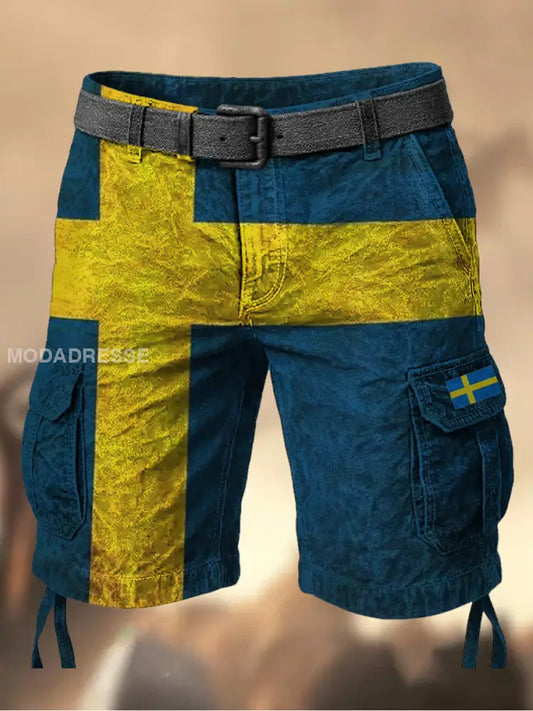 Mäns Vintage Svenska Flag Grafiskt tryckt textur Casual Cargo Shorts A / M