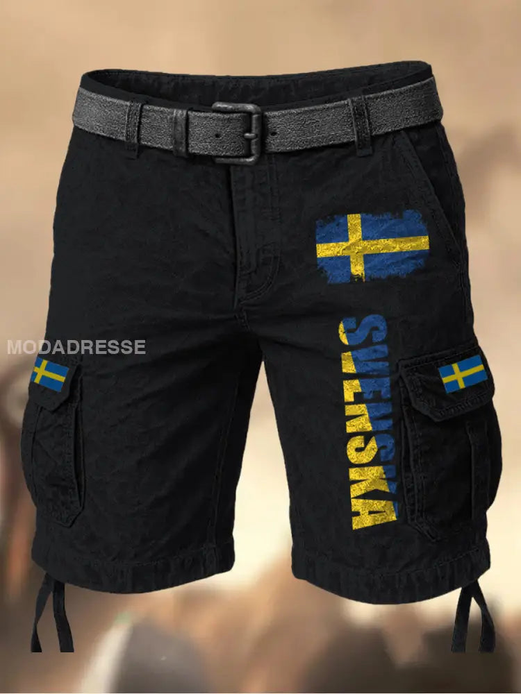 Mäns Vintage Svenska Flag Grafiskt tryckt textur Casual Cargo Shorts A / M