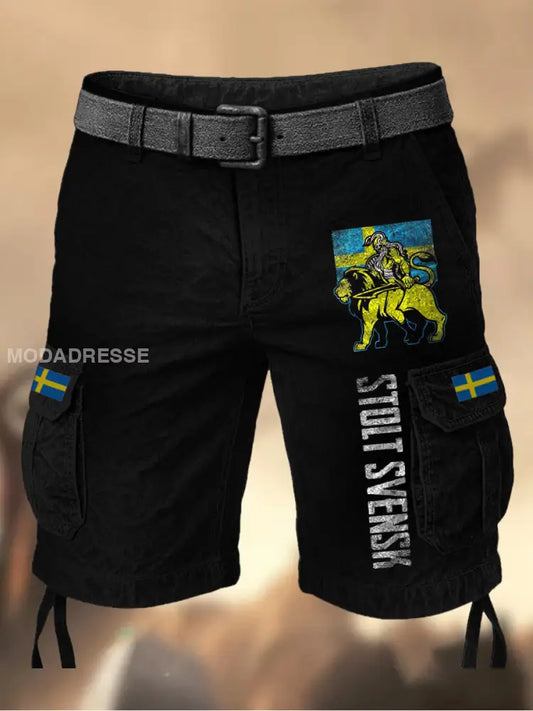 Mäns Vintage Svenska Flag Grafiskt tryckt textur Casual Cargo Shorts A / M