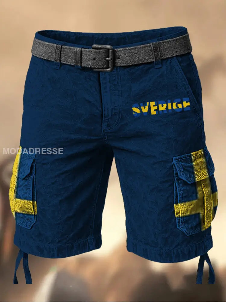 Mäns Vintage Svenska Flag Grafiskt tryckt textur Casual Cargo Shorts A / S