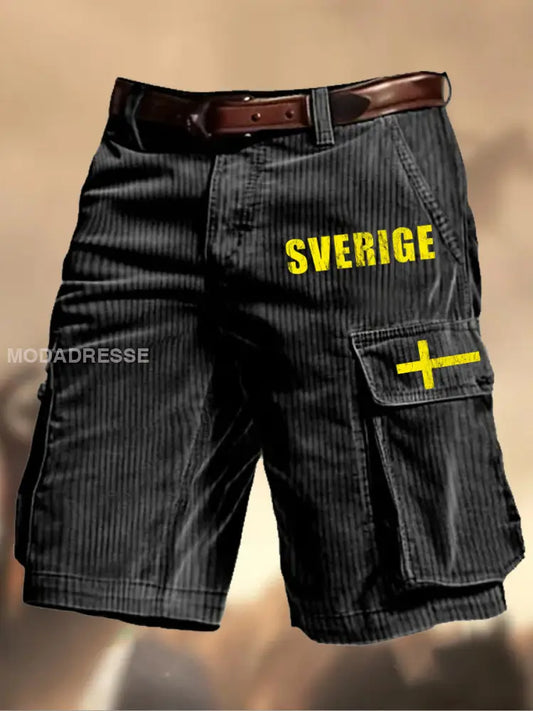 Mäns Vintage Svenska Flag Grafiskt tryckt textur Casual Cargo Shorts A / S