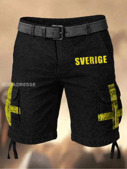 Mäns Vintage Svenska Flag Grafiskt tryckt textur Casual Cargo Shorts A / S