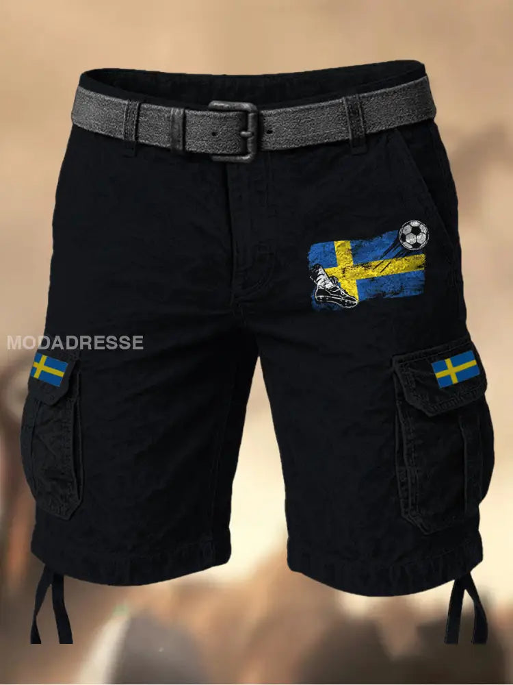 Mäns Vintage Svenska Flag Grafiskt tryckt textur Casual Cargo Shorts A / S