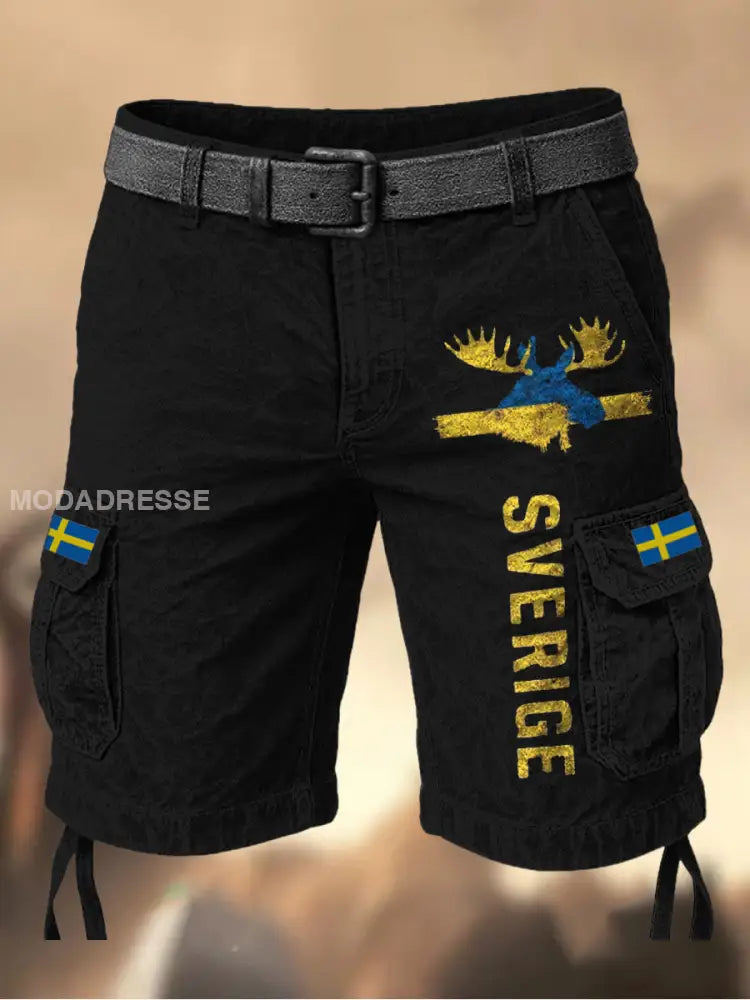 Mäns Vintage Svenska Flag Grafiskt tryckt textur dragsnöre Pocket Casual Cargo Shorts A / M