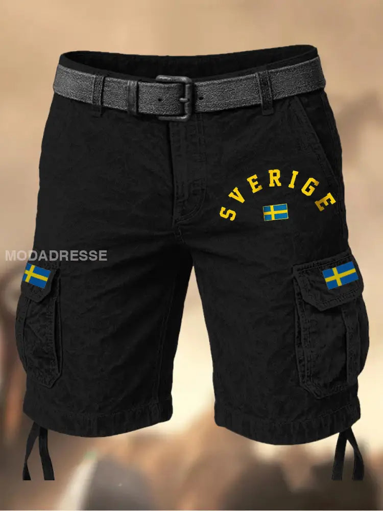Mäns Vintage Svenska Flag Grafiskt tryckt textur dragsnöre Pocket Casual Cargo Shorts A / M