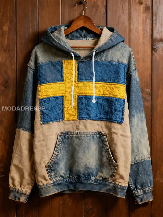 Mäns Vintage Svenska flagga överdimensionerad drop-Shoudre Hoodie med fickar som bild / S