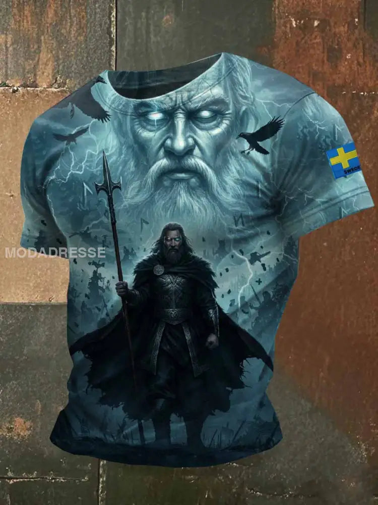 Mäns Vintage Svenska Viking Odin Skriv ut Casual T-shirt som bild / S