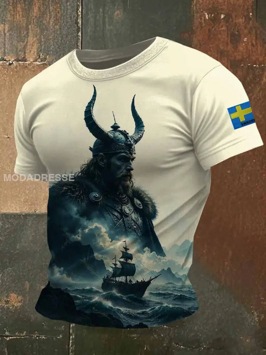 Mäns Vintage Svenska Viking Odin Skriv ut Casual T-shirt som bild / S