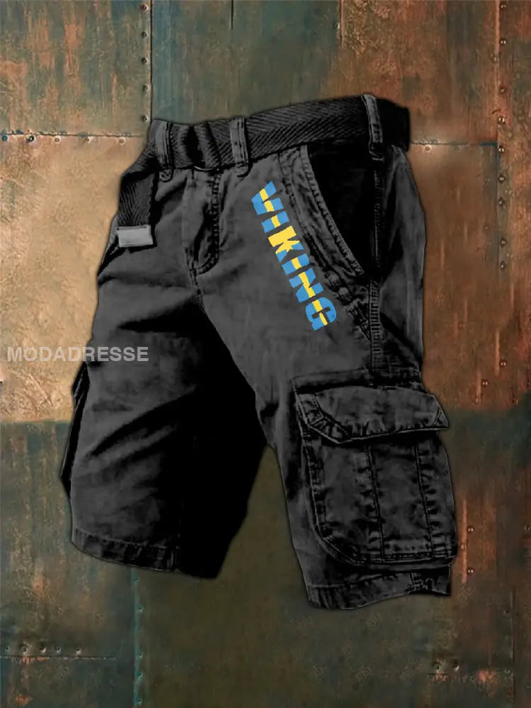 Mäns Vintage Svenska Viking Print Cargo Shorts som bild / S