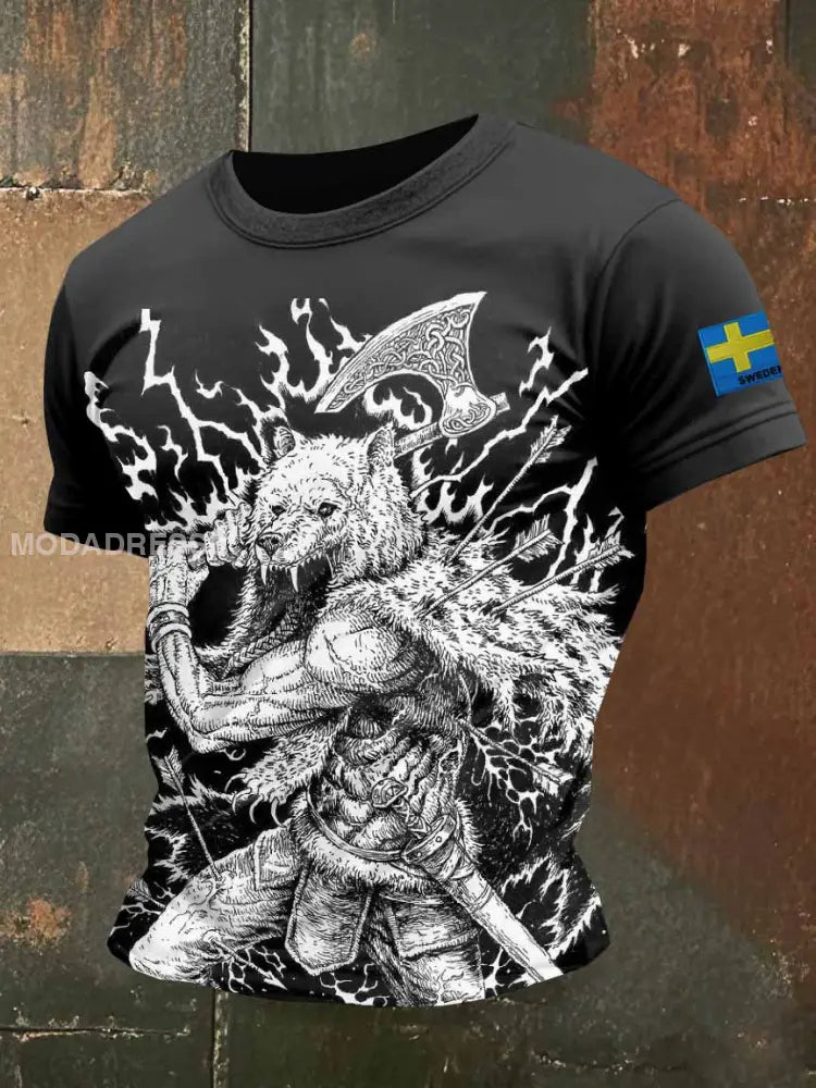 Mäns Vintage Svenska Viking Print Casual T-shirt som bild / S