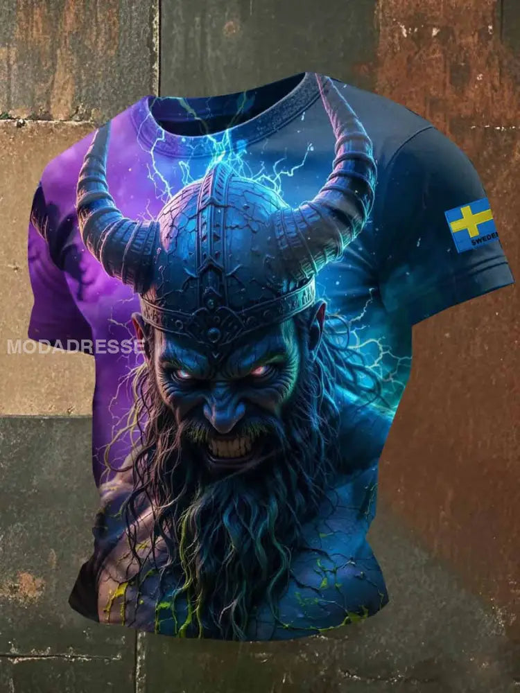 Mäns Vintage Svenska Viking Print Casual T-shirt som bild / S