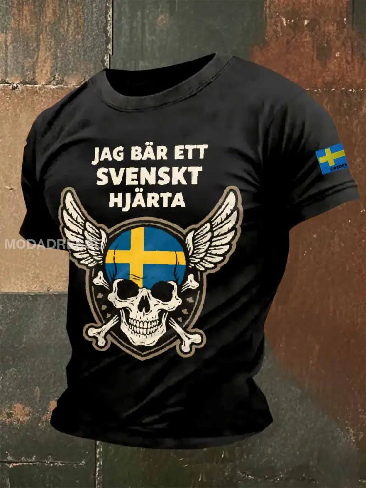 Mäns Vintage Svenskt Tema Tryckt Casual T-shirt som bild / S