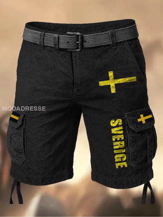 Mäns Vintage Sverige Flag Grafiskt tryckt textur Casual Cargo Shorts A / M