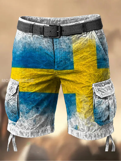 Mäns Vintage Sverige Flag Grafiskt tryckt textur dragsträng Pocket Casual Cargo Shorts