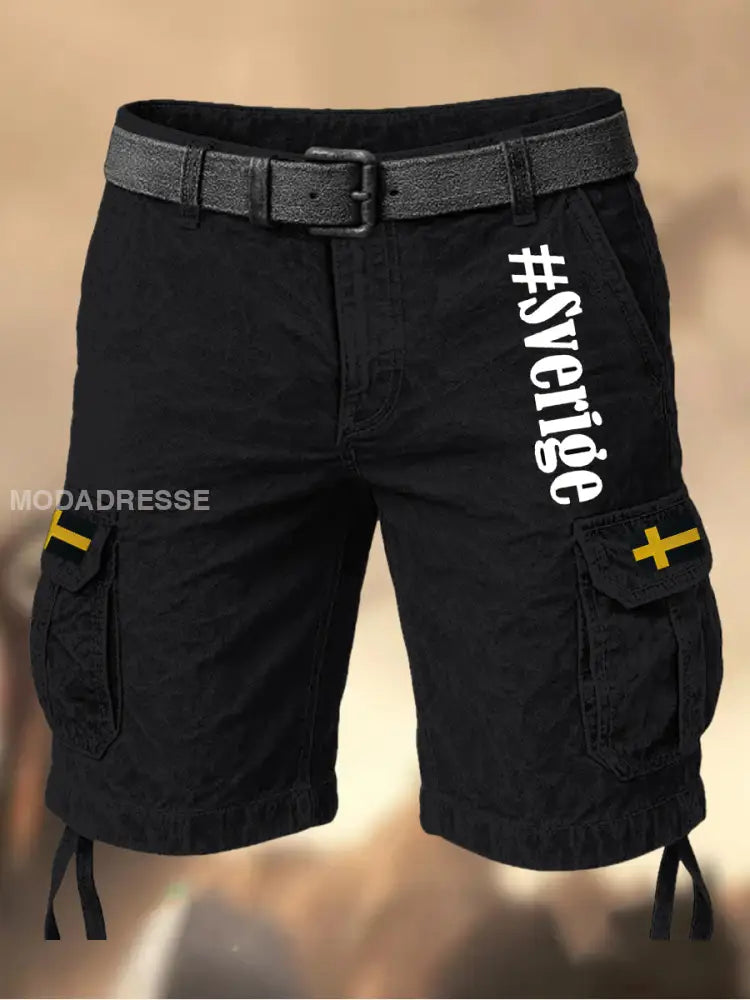 Mäns Vintage Sweden Flag tryckt textur Casual Cargo Shorts