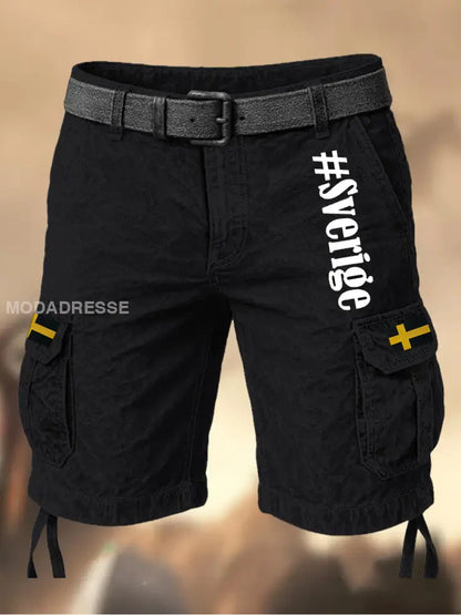 Mäns Vintage Sweden Flag tryckt textur Casual Cargo Shorts