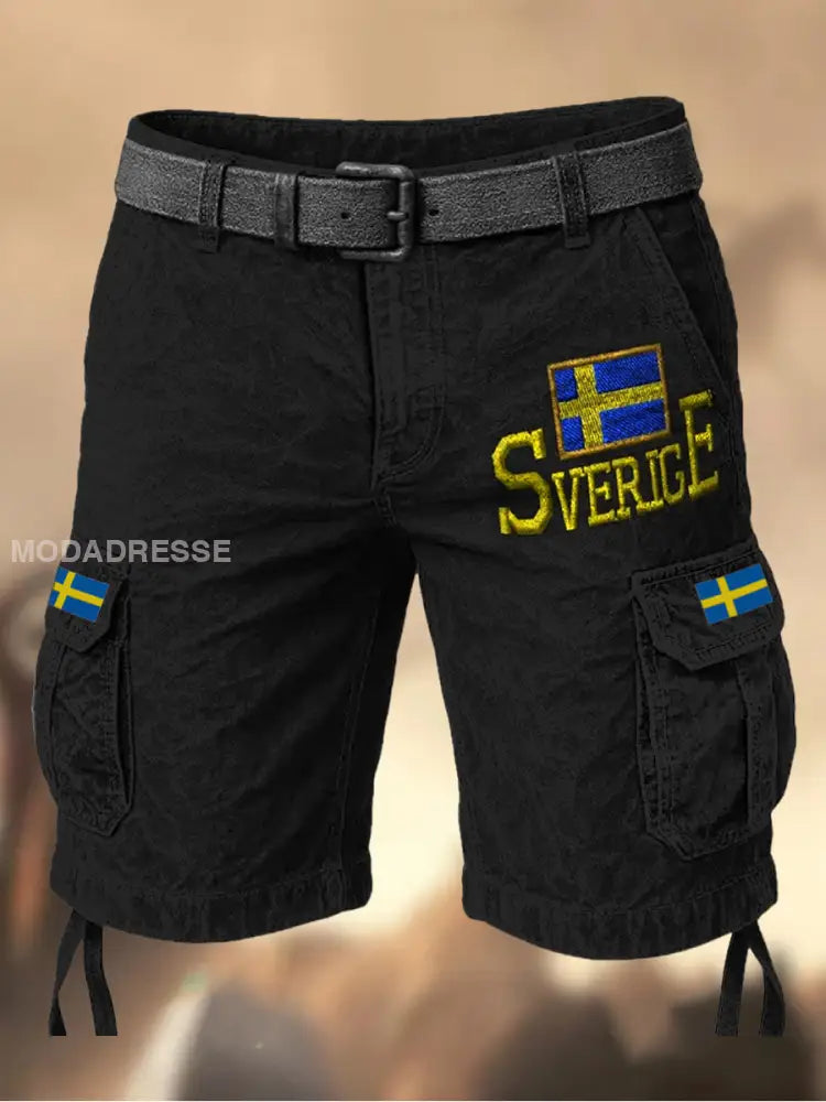 Mäns Vintage Sweden Flag tryckt textur Casual Cargo Shorts A / M