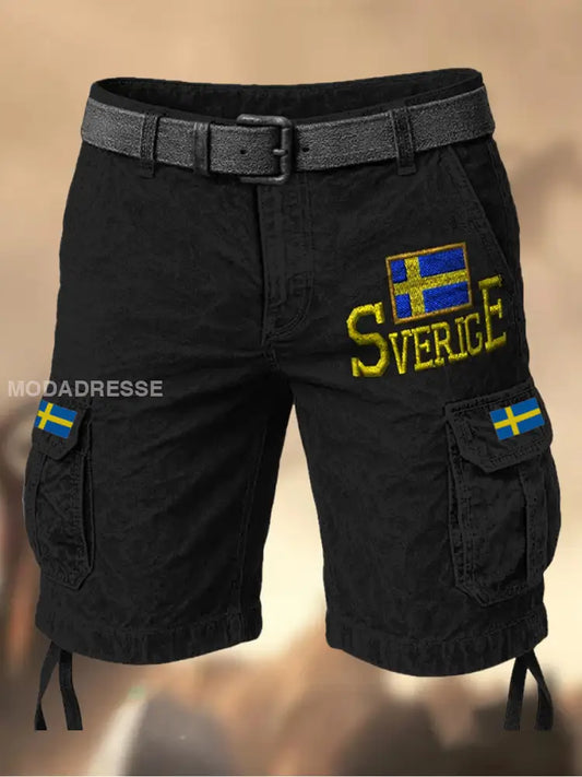 Mäns Vintage Sweden Flag tryckt textur Casual Cargo Shorts A / M