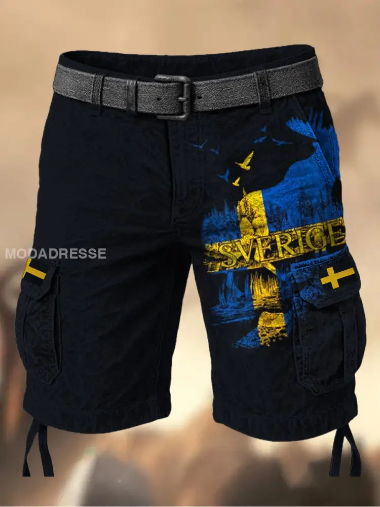 Mäns Vintage Sweden Flag tryckt textur Casual Cargo Shorts A / M