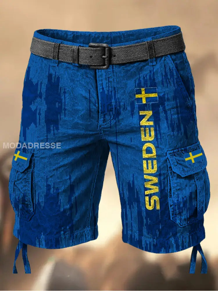 Mäns Vintage Sweden Flag tryckt textur Casual Cargo Shorts A / M