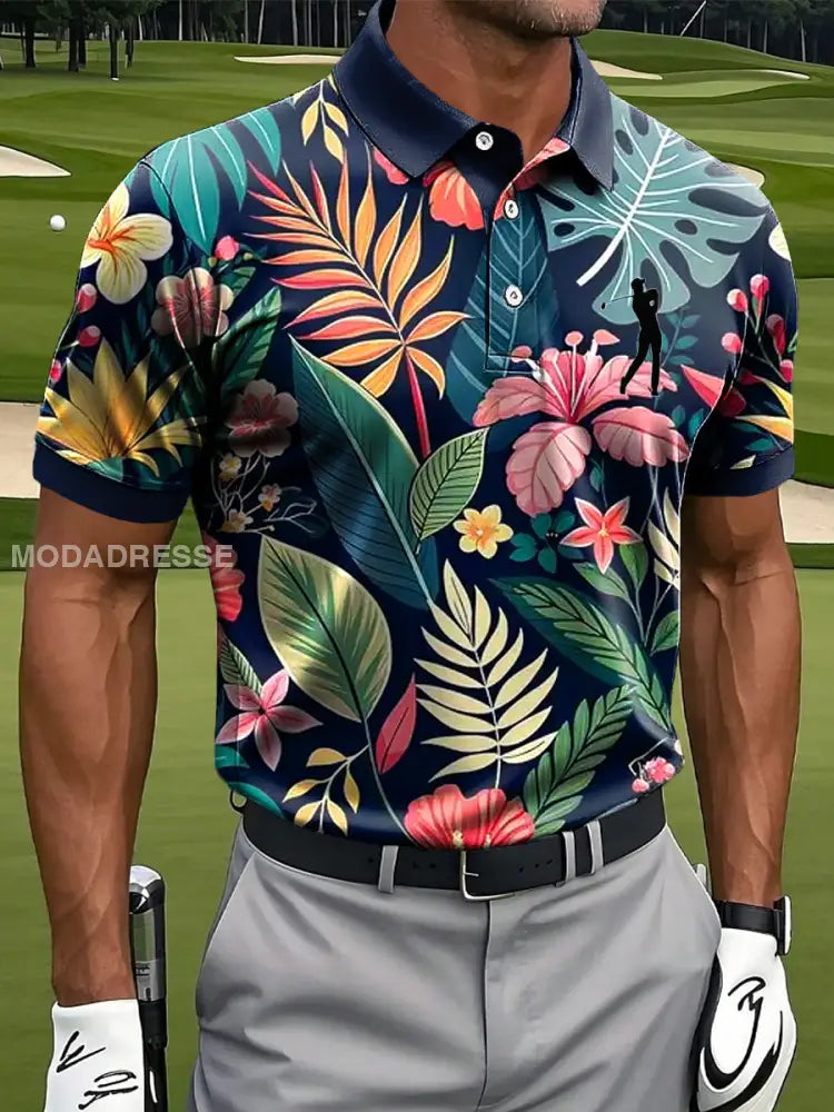 Mäns Vintage Tropical Floral Art Print Casual Short Sleeve Polo tröj flerlog / S
