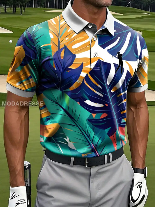Mäns Vintage Tropical Palm Leaf konst Print Casual Short Sleeve Polo tröj flerlog / S