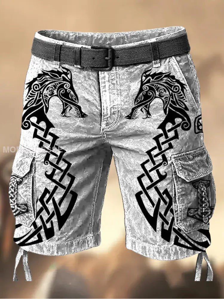 Mäns Vintage Viking blod drakar Grafiska tryckt textur Casual Cargo Shorts A / M