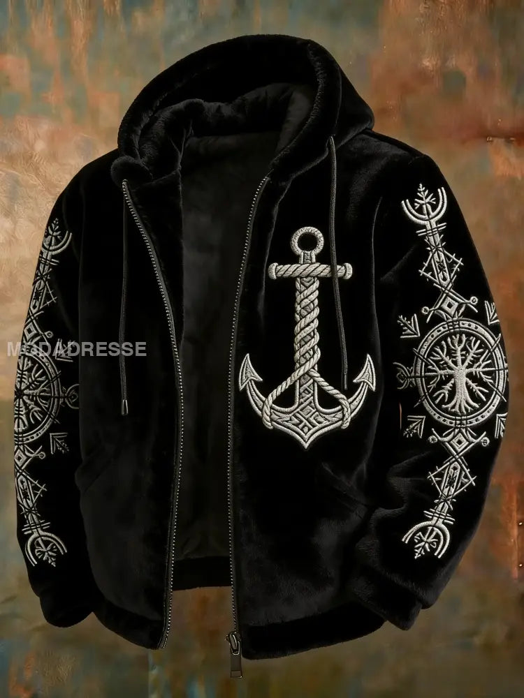 Mäns Vintage Viking Keltisk knov Raven segling skepp Flannel blixtlås huvad jacka svart / S