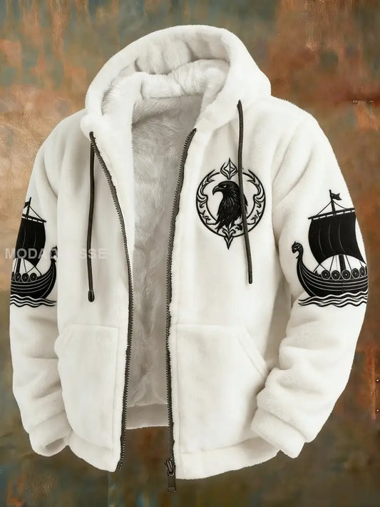 Mäns Vintage Viking Keltisk knov Raven segling skepp Flannel blixtlås huvad jacka vitt / S