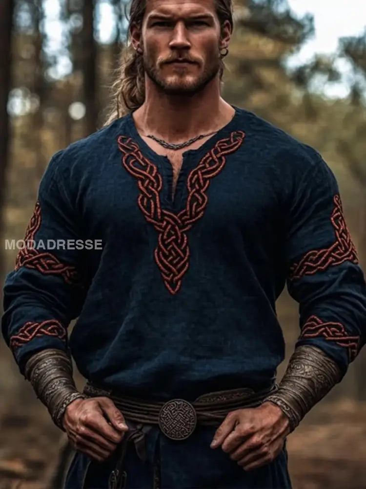 Mäns vintage Viking långärmad topp mörk blå / S