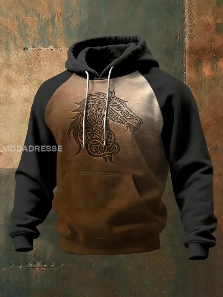 Mäns Vintage Viking Print Hooded Sweatshirt som bild / S