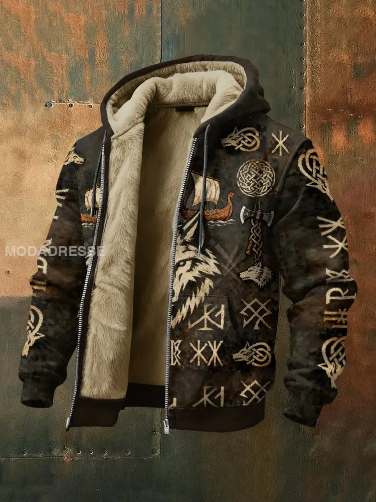 Mäns Vintage Viking Style Casual Fleece Hooded Jacka som bild / S