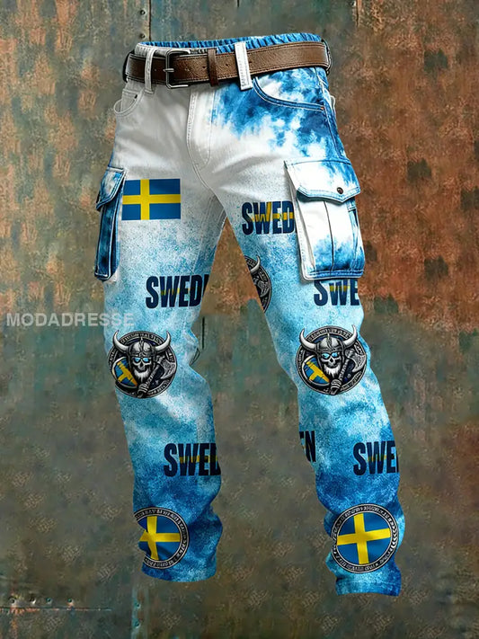 Mäns Vintage Viking Svenska Flag Mönster Tryck företag Casual Work Byxor A / S