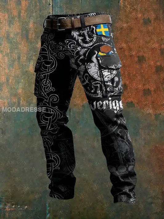 Mäns Vintage Viking Svenska Flag Mönster Tryck företag Casual Work Byxor A / S