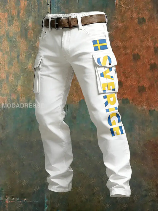 Mäns Vintage Viking Svenska Flag Mönster Tryck företag Casual Work Byxor A / S