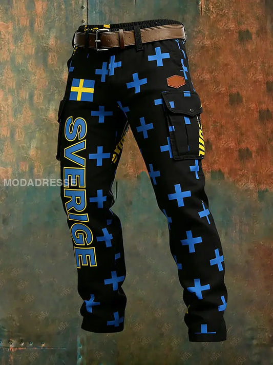 Mäns Vintage Viking Svenska Flag Mönster Tryck företag Casual Work Byxor A / S
